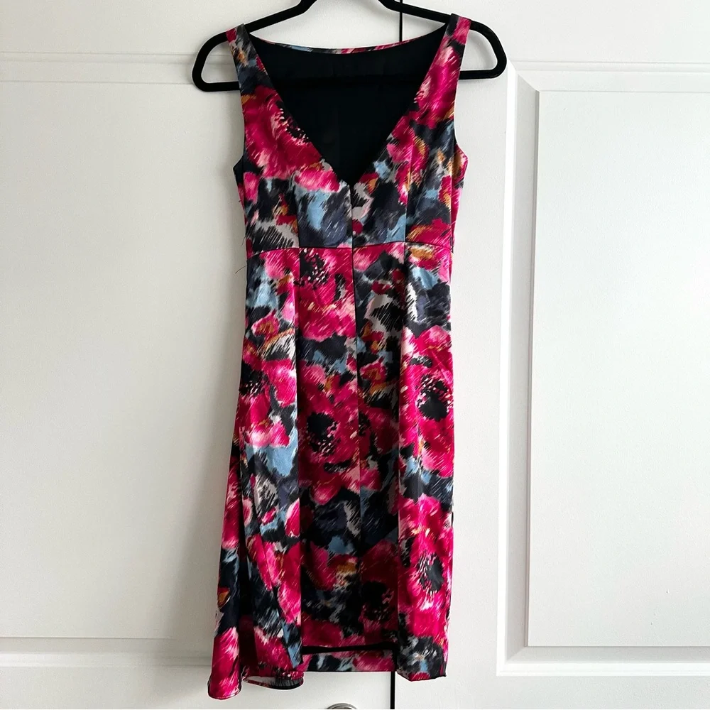 Maggy London Pink, Black and Grey Floral Satin Dress
